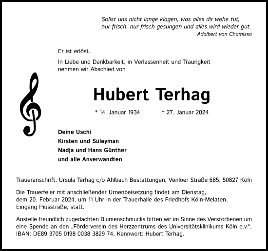 Anzeige von Hubert Terhag von Kölner Stadt-Anzeiger / Kölnische Rundschau / Express