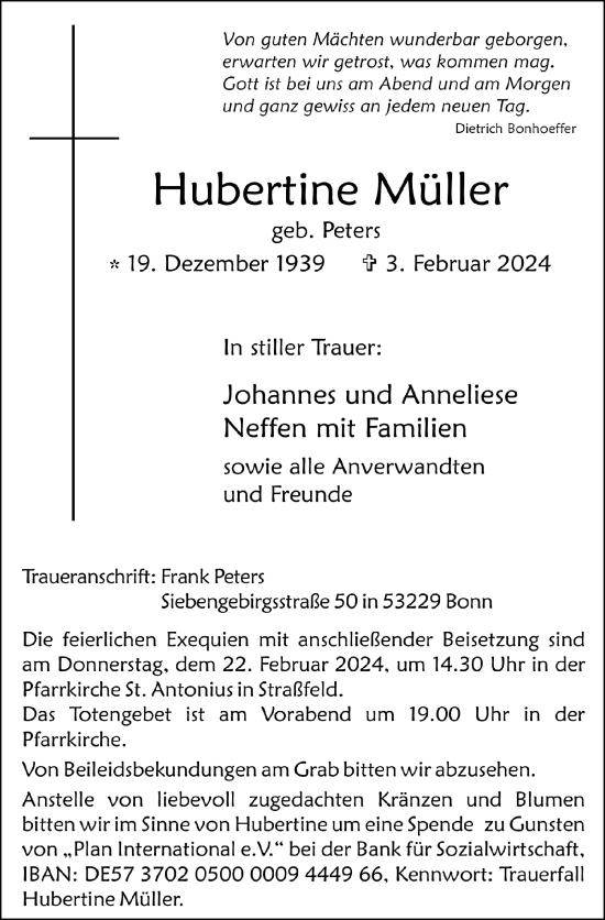 Anzeige von Hubertine Müller von  Schaufenster/Blickpunkt 