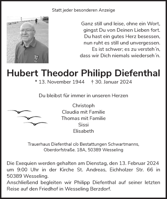 Anzeige von Hubert Theodor Philipp Diefenthal von  Schlossbote/Werbekurier 