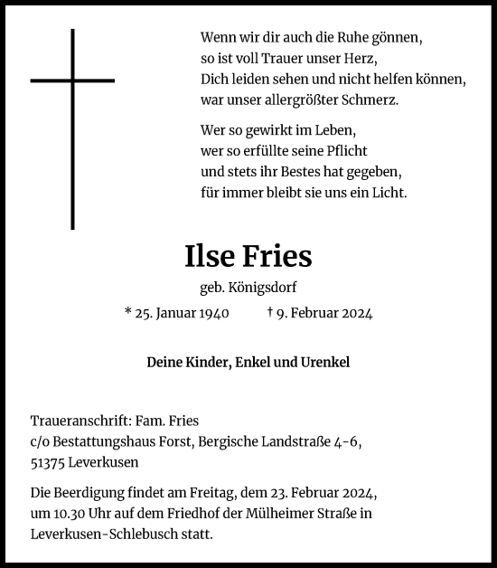 Anzeige von Ilse Fries von Kölner Stadt-Anzeiger / Kölnische Rundschau / Express