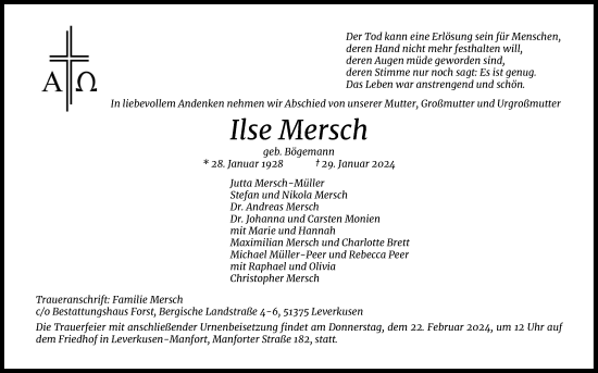 Anzeige von Ilse Mersch von Kölner Stadt-Anzeiger / Kölnische Rundschau / Express