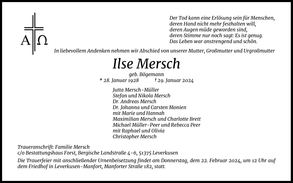  Traueranzeige für Ilse Mersch vom 17.02.2024 aus Kölner Stadt-Anzeiger / Kölnische Rundschau / Express
