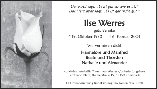 Anzeige von Ilse Werres von  Schaufenster/Blickpunkt 