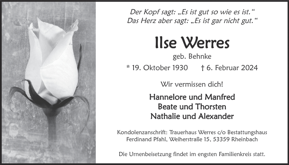  Traueranzeige für Ilse Werres vom 16.02.2024 aus  Schaufenster/Blickpunkt 