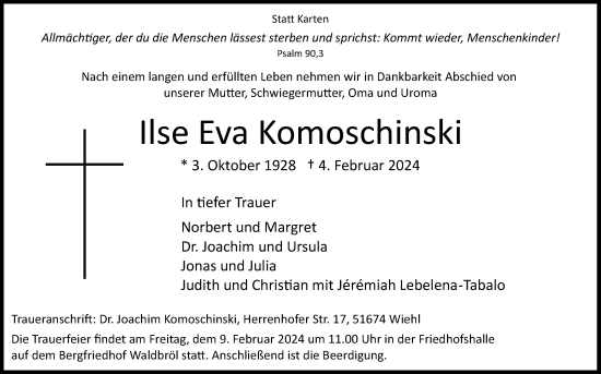 Anzeige von Ilse Eva Komoschinski von Kölner Stadt-Anzeiger / Kölnische Rundschau / Express