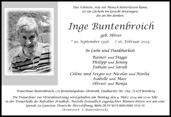 Anzeige von Inge Buntenbroich von Kölner Stadt-Anzeiger / Kölnische Rundschau / Express