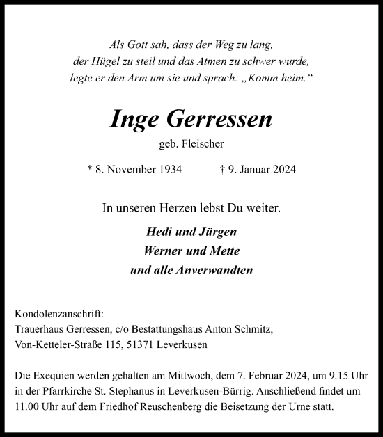 Anzeige von Inge Gerressen von Kölner Stadt-Anzeiger / Kölnische Rundschau / Express