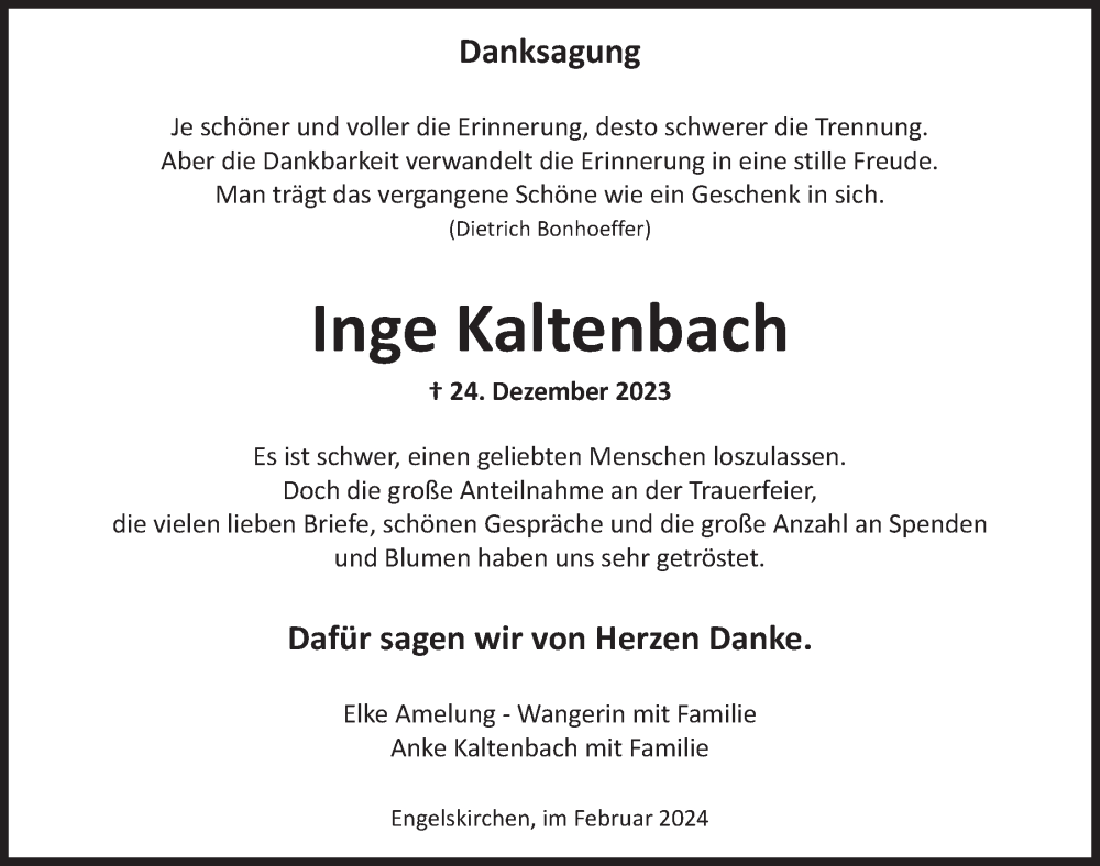  Traueranzeige für Inge Kaltenbach vom 02.02.2024 aus  Anzeigen Echo 