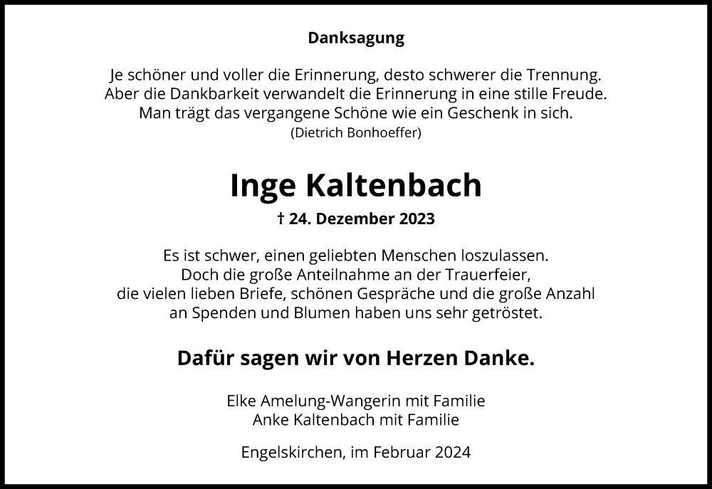  Traueranzeige für Inge Kaltenbach vom 03.02.2024 aus Kölner Stadt-Anzeiger / Kölnische Rundschau / Express