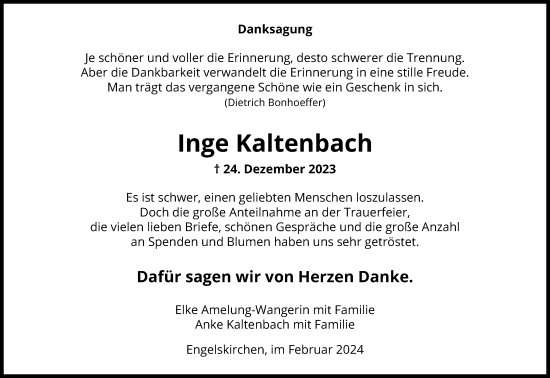 Anzeige von Inge Kaltenbach von Kölner Stadt-Anzeiger / Kölnische Rundschau / Express