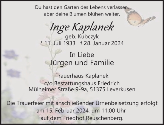 Anzeige von Inge Kaplanek von  Lokale Informationen 