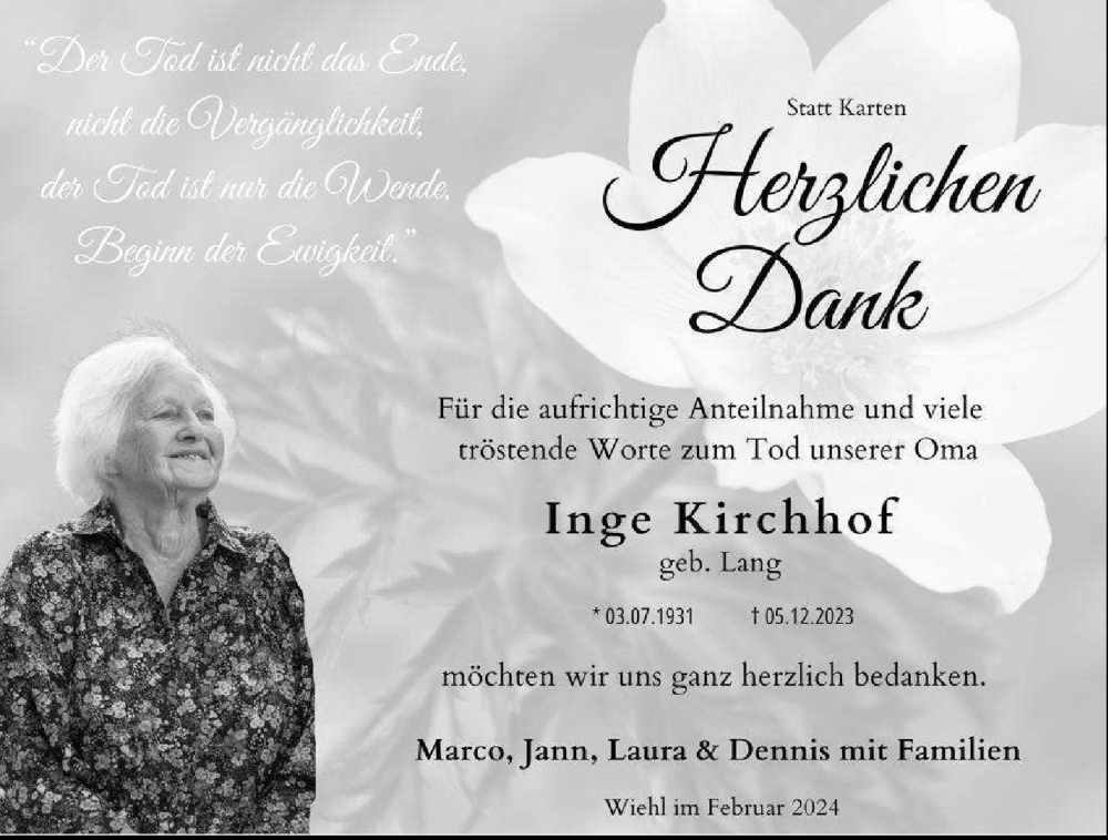  Traueranzeige für Inge Kirchhof vom 16.02.2024 aus  Anzeigen Echo  Lokalanzeiger 