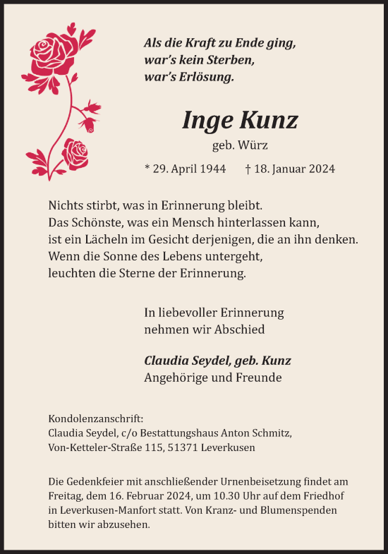 Anzeige von Inge Kunz von Kölner Stadt-Anzeiger / Kölnische Rundschau / Express