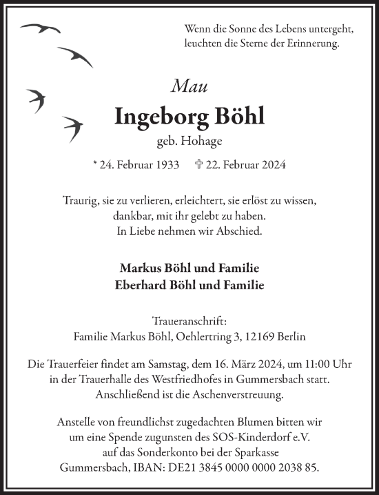 Anzeige von Ingeborg Böhl von  Anzeigen Echo 