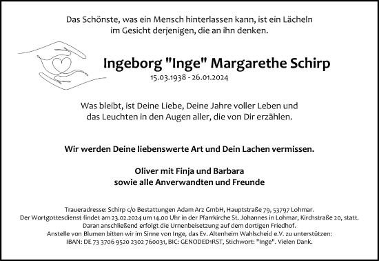Anzeige von Ingeborg Margarethe Schirp von Kölner Stadt-Anzeiger / Kölnische Rundschau / Express