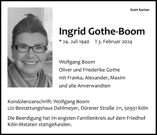 Anzeige von Ingrid Gothe-Boom von Kölner Stadt-Anzeiger / Kölnische Rundschau / Express