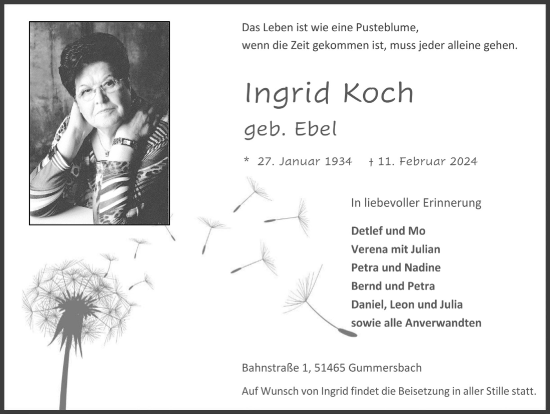 Anzeige von Ingrid Koch von  Bergisches Handelsblatt 
