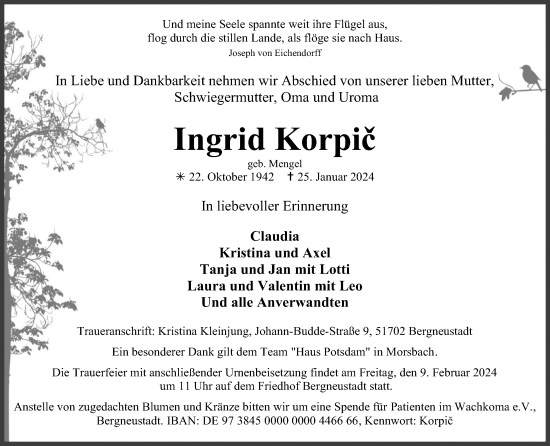 Anzeige von Ingrid Korpic von Kölner Stadt-Anzeiger / Kölnische Rundschau / Express