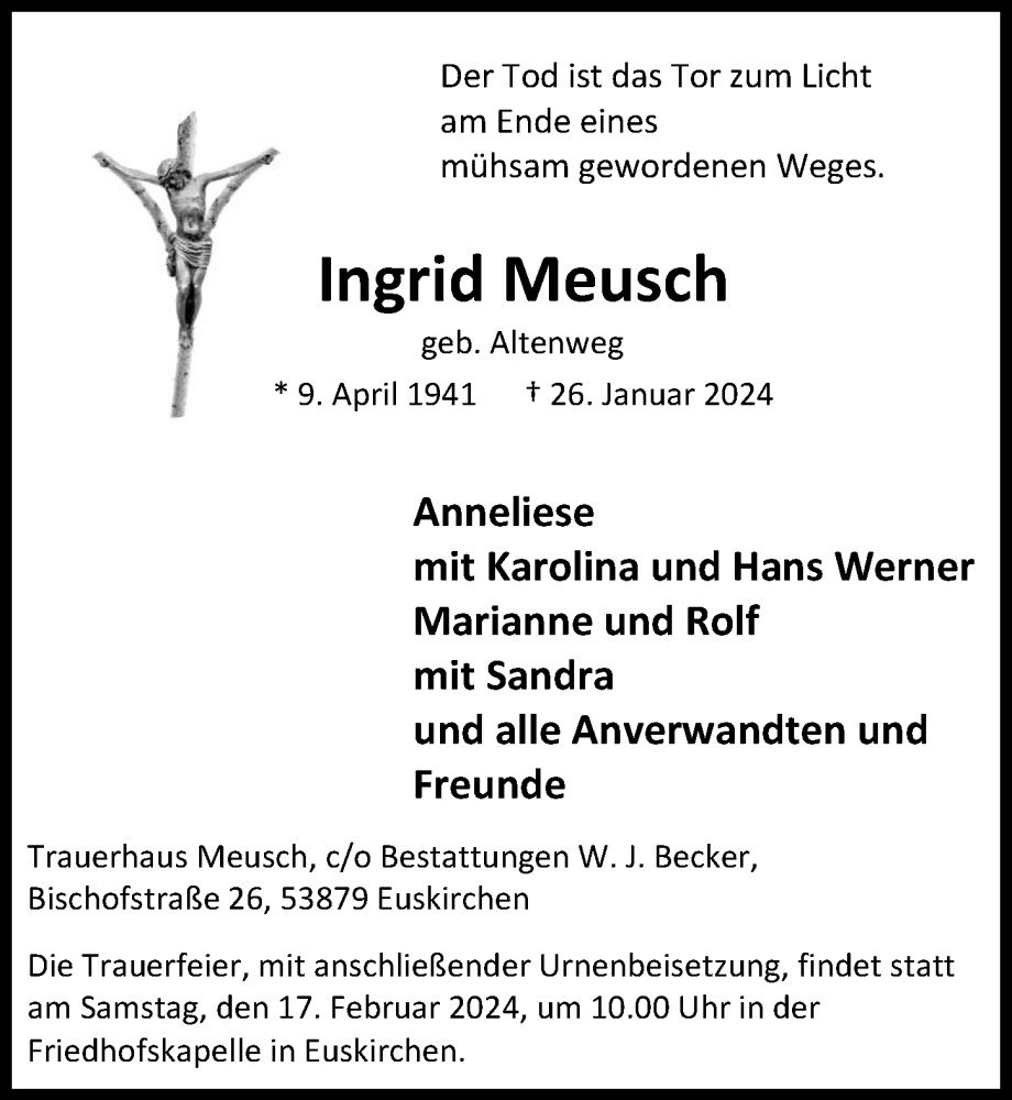  Traueranzeige für Ingrid Meusch vom 03.02.2024 aus  Blickpunkt Euskirchen 