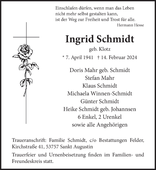 Anzeige von Ingrid Schmidt von  Extra Blatt 