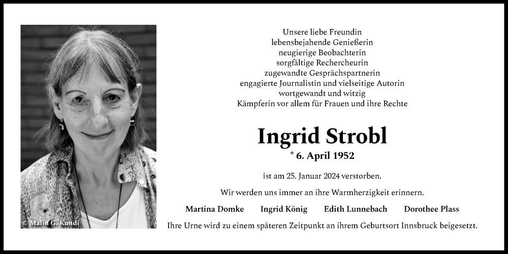  Traueranzeige für Ingrid Strobl vom 03.02.2024 aus Kölner Stadt-Anzeiger / Kölnische Rundschau / Express
