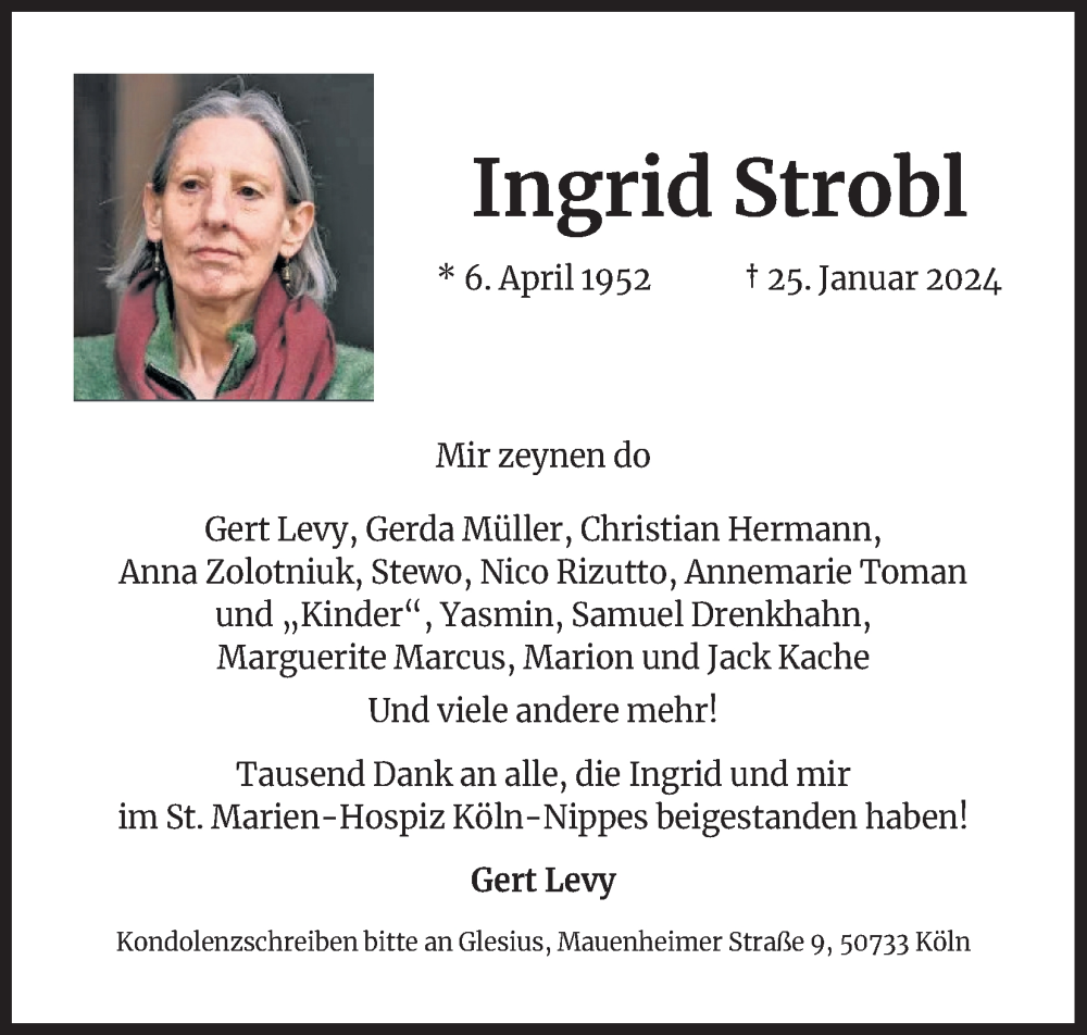  Traueranzeige für Ingrid Strobl vom 10.02.2024 aus Kölner Stadt-Anzeiger / Kölnische Rundschau / Express