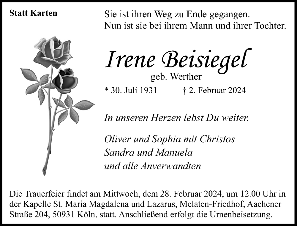  Traueranzeige für Irene Beisiegel vom 24.02.2024 aus Kölner Stadt-Anzeiger / Kölnische Rundschau / Express