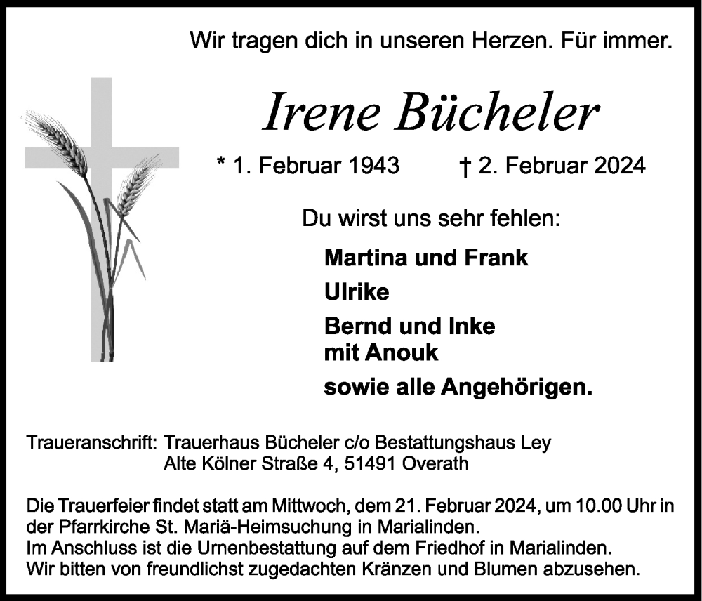  Traueranzeige für Irene Bücheler vom 10.02.2024 aus Kölner Stadt-Anzeiger / Kölnische Rundschau / Express