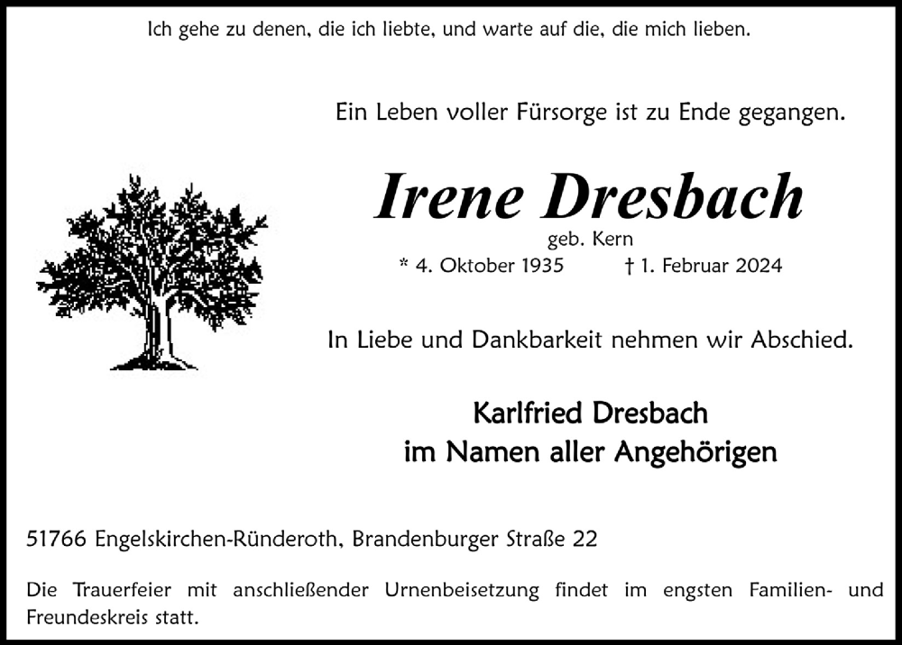  Traueranzeige für Irene Dresbach vom 09.02.2024 aus  Anzeigen Echo 