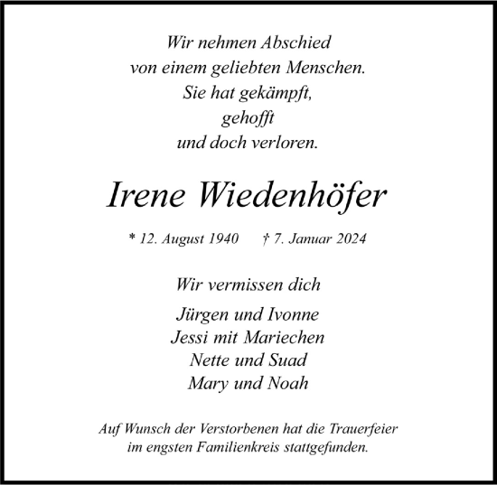 Anzeige von Irene Wiedenhöfer von  Bergisches Handelsblatt 