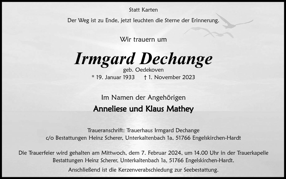  Traueranzeige für Irmgard Dechange vom 03.02.2024 aus Kölner Stadt-Anzeiger / Kölnische Rundschau / Express