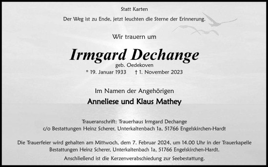 Anzeige von Irmgard Dechange von Kölner Stadt-Anzeiger / Kölnische Rundschau / Express