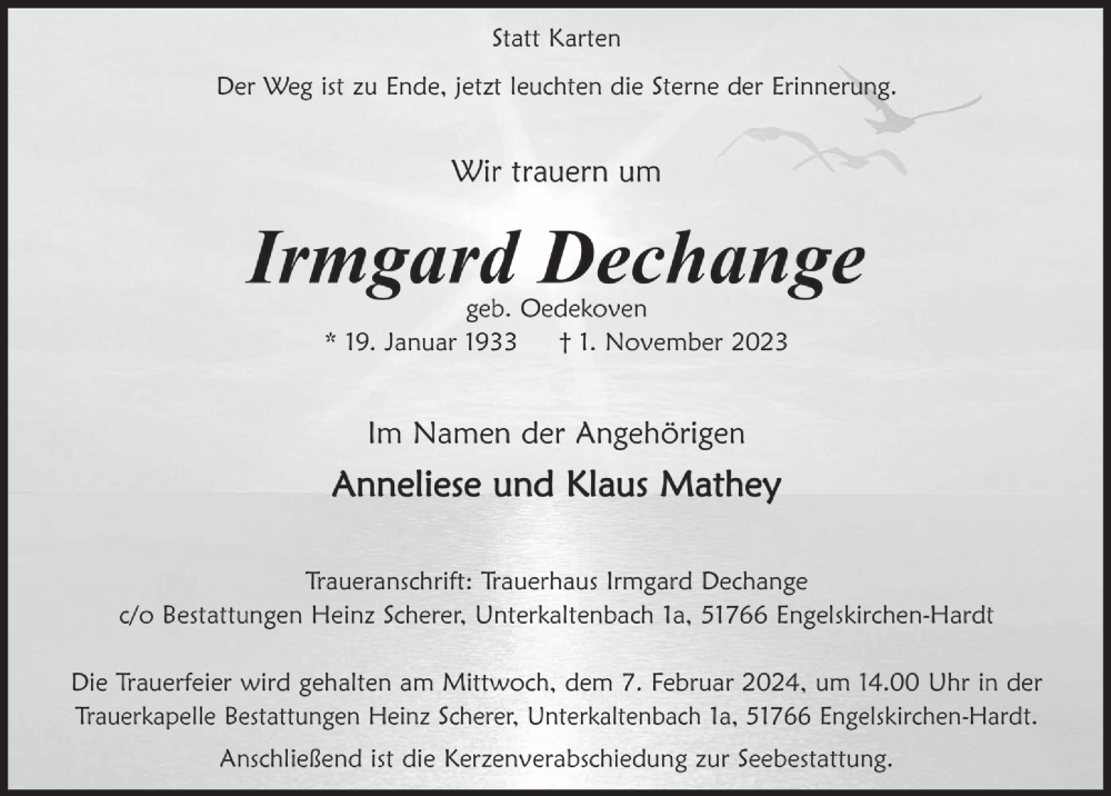  Traueranzeige für Irmgard Dechange vom 02.02.2024 aus  Anzeigen Echo 