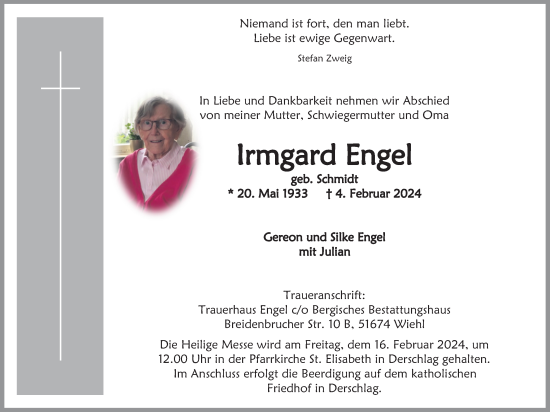 Anzeige von Irmgard Engel von Kölner Stadt-Anzeiger / Kölnische Rundschau / Express