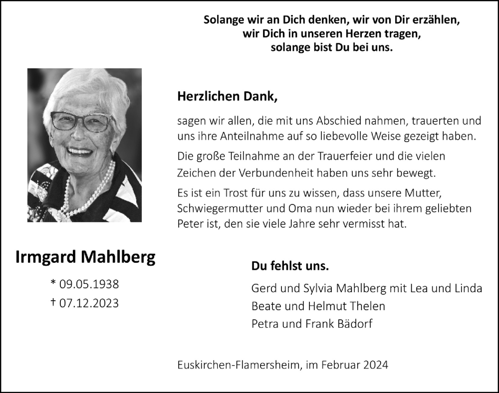  Traueranzeige für Irmgard Mahlberg vom 03.02.2024 aus  Blickpunkt Euskirchen 
