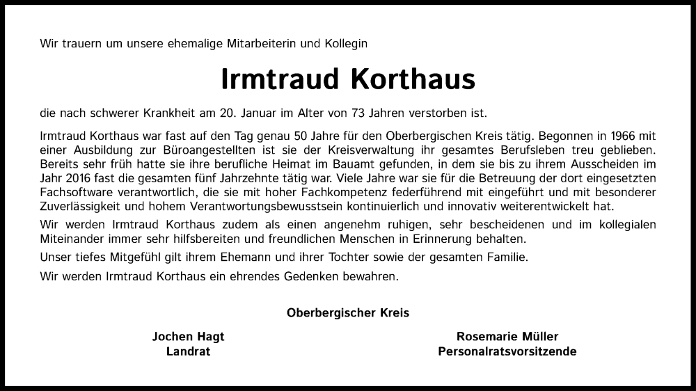  Traueranzeige für Irmtraud Korthaus vom 03.02.2024 aus Kölner Stadt-Anzeiger / Kölnische Rundschau / Express
