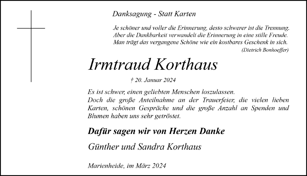  Traueranzeige für Irmtraud Korthaus vom 01.03.2024 aus  Anzeigen Echo 