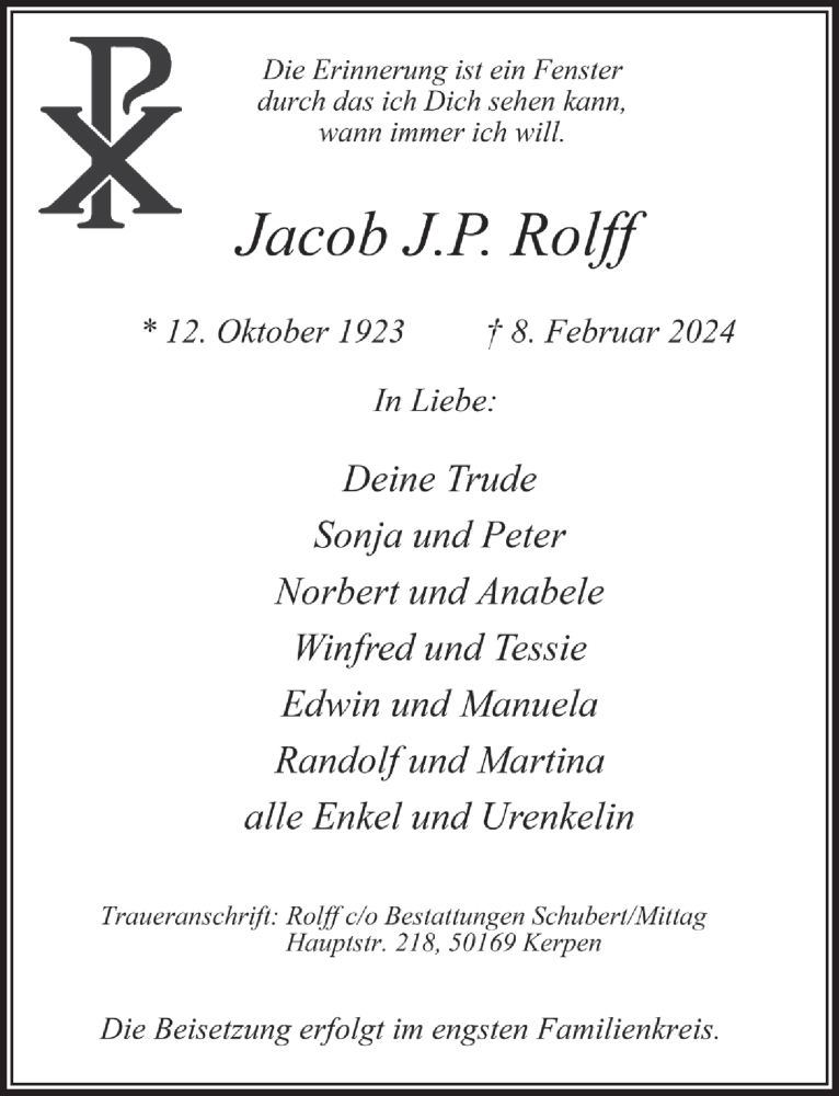  Traueranzeige für Jacob J.P Rolff vom 16.02.2024 aus  Werbepost 