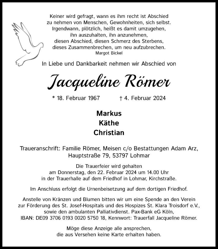  Traueranzeige für Jacqueline Römer vom 17.02.2024 aus Kölner Stadt-Anzeiger / Kölnische Rundschau / Express