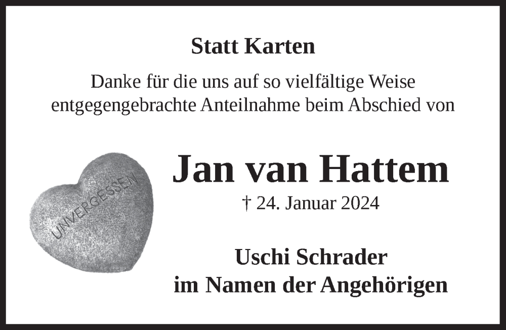  Traueranzeige für Jan van Hattem vom 01.03.2024 aus  Schlossbote/Werbekurier 