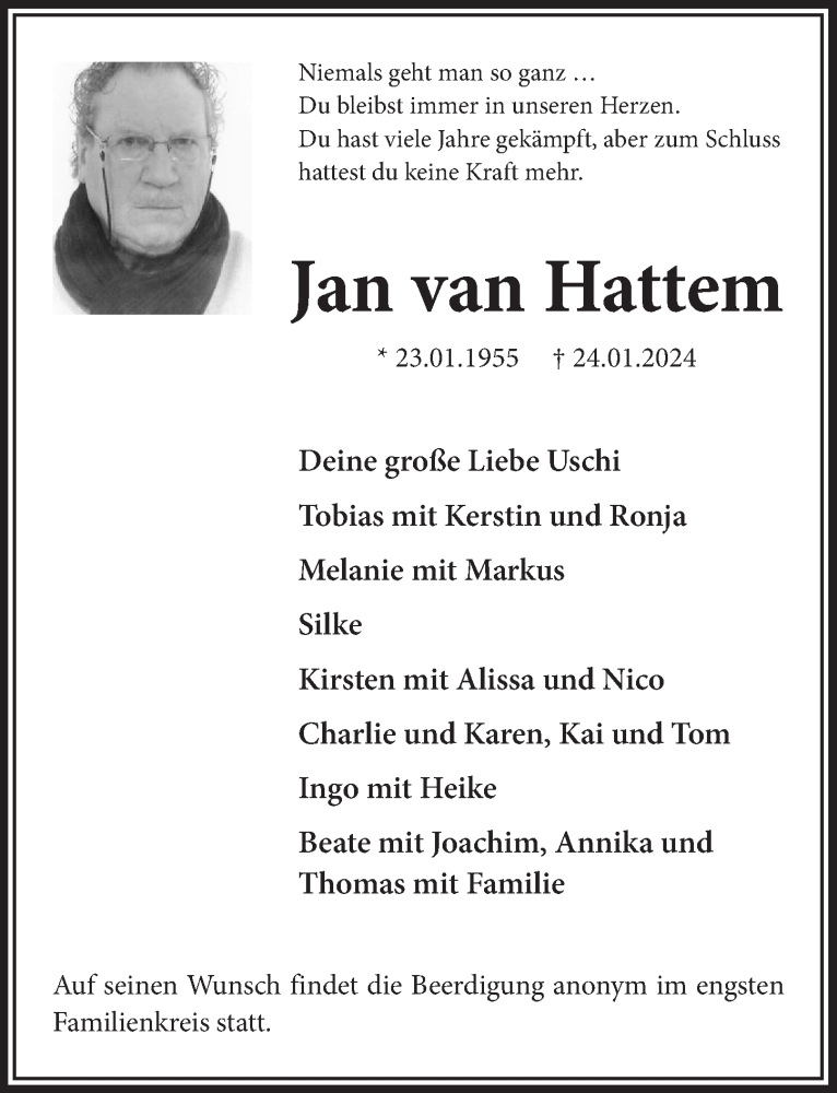  Traueranzeige für Jan van Hattem vom 02.02.2024 aus  Schlossbote/Werbekurier 