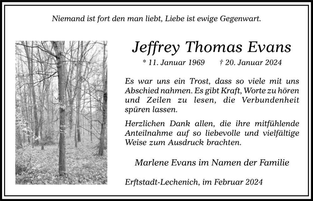  Traueranzeige für Jeffrey Thomas Evans vom 01.03.2024 aus  Werbepost 