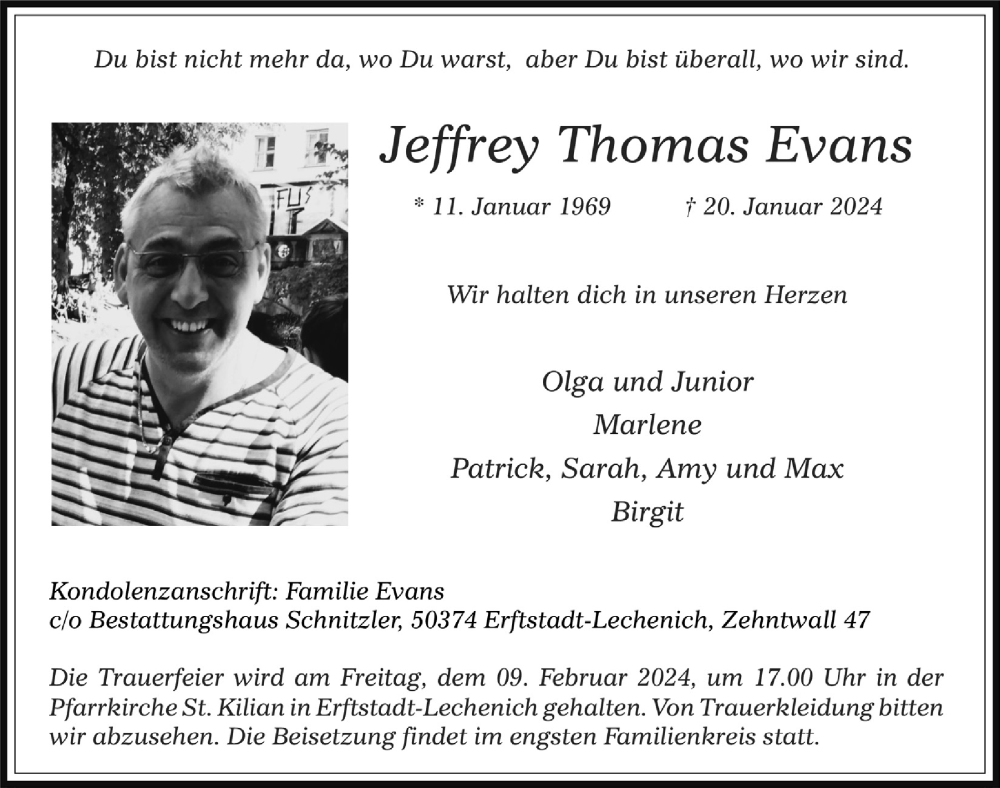  Traueranzeige für Jeffrey Thomas Evans vom 02.02.2024 aus  Werbepost 