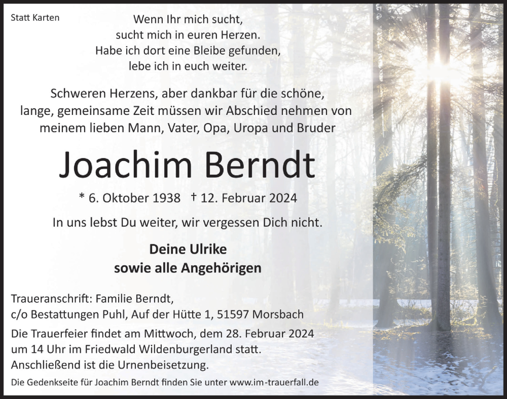  Traueranzeige für Joachim Berndt vom 23.02.2024 aus  Lokalanzeiger 