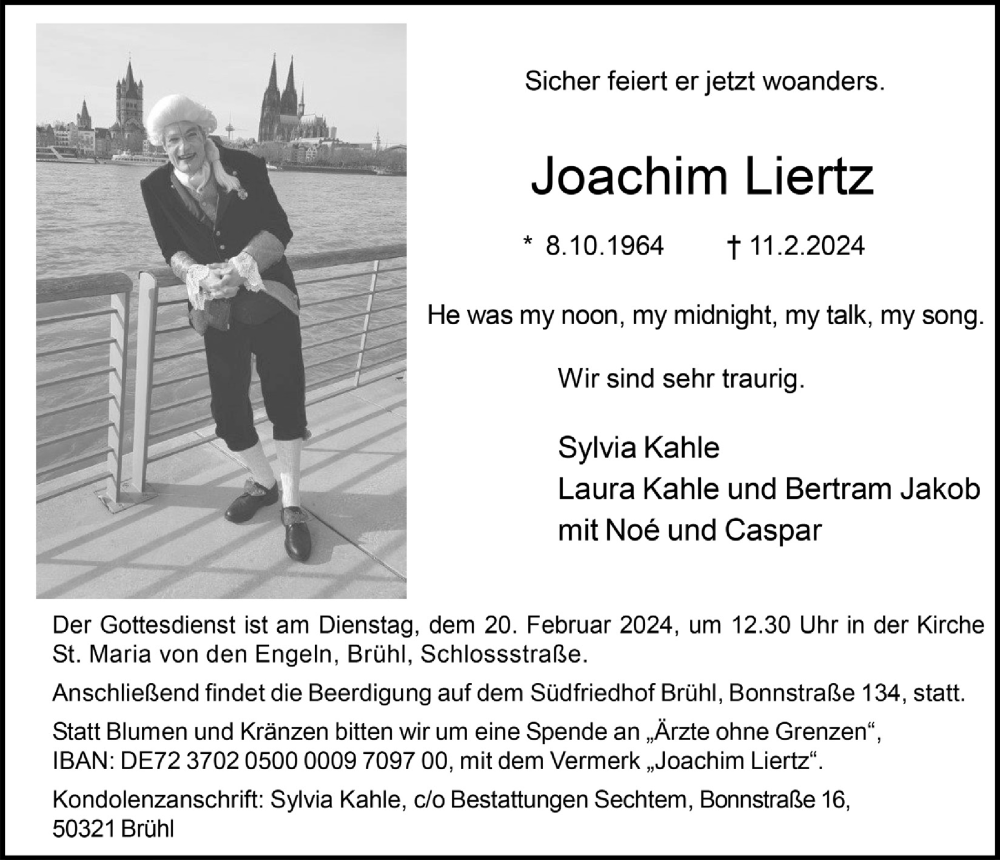  Traueranzeige für Joachim Liertz vom 16.02.2024 aus  Schlossbote/Werbekurier 