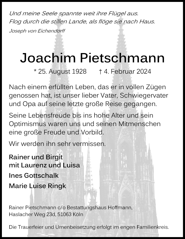  Traueranzeige für Joachim Pietschmann vom 10.02.2024 aus Kölner Stadt-Anzeiger / Kölnische Rundschau / Express