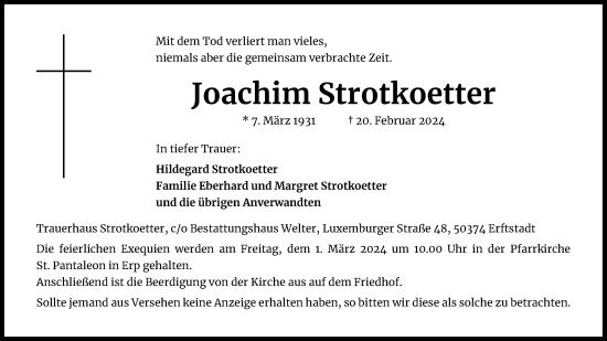 Anzeige von Joachim Strotkoetter von Kölner Stadt-Anzeiger / Kölnische Rundschau / Express