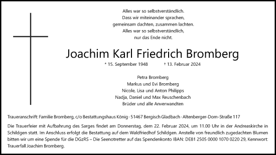 Anzeige von Joachim Karl Friedrich Bromberg von Kölner Stadt-Anzeiger / Kölnische Rundschau / Express