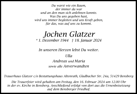 Anzeige von Jochen Glatzer von Kölner Stadt-Anzeiger / Kölnische Rundschau / Express