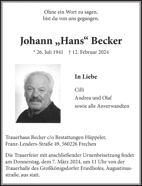 Anzeige von Johann Becker von  Wochenende 